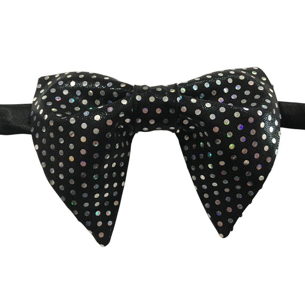 Black Holographic Silver Polka Dot Oversized Bow Tie Pre-Tied Adjustable Strap